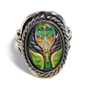 Handmade small oval-shaped acrylic New Age themed tree of life Goddess graphic design on alpaca silver metal ring with rope edge border in lime green, golden yellow, brown, and mint color combination.