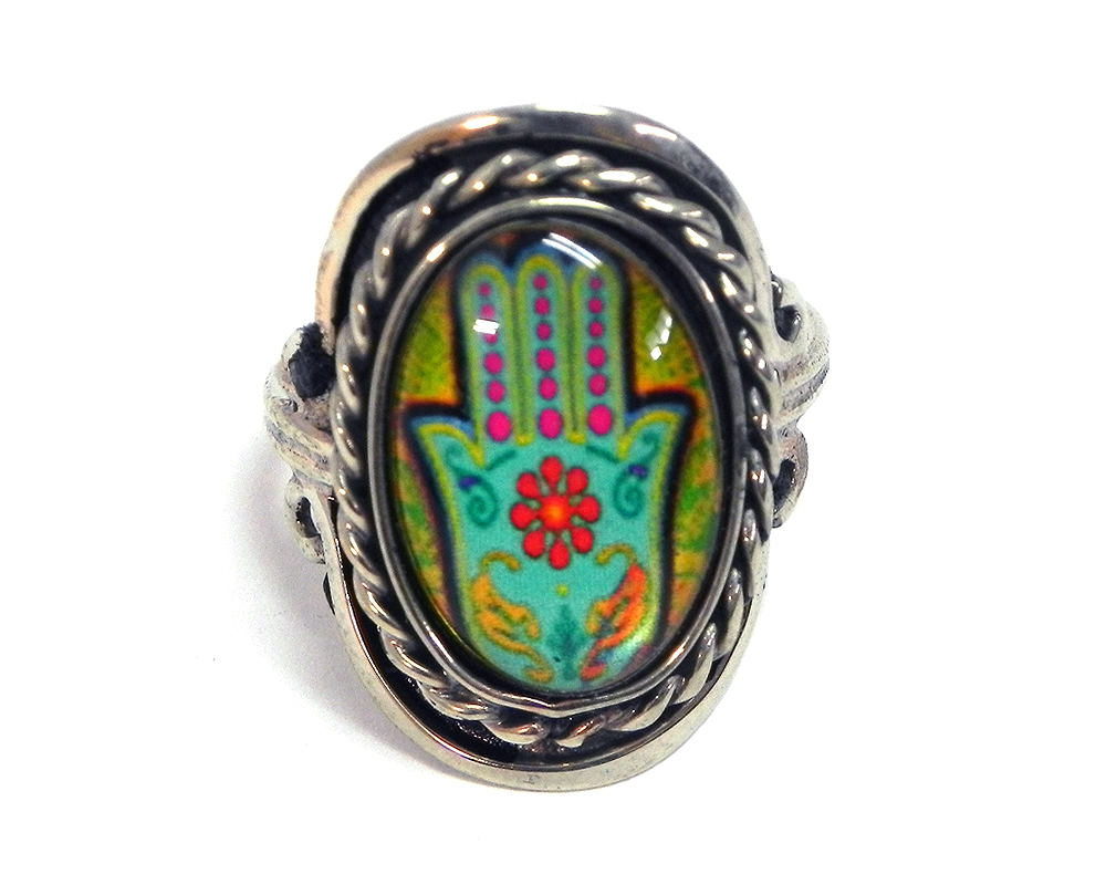 RG-050102350334 Handmade small oval-shaped acrylic New Age themed hamsa hand graphic design on alpaca silver metal ring with rope edge border in mint, lime green, yellow, orange, and hot pink color combination.