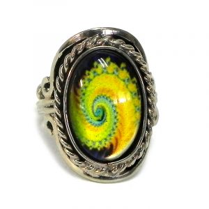 Handmade small oval-shaped acrylic New Age themed psychedelic fractal spiral graphic design on alpaca silver metal ring with rope edge border in yellow, lime green, turquoise mint, and black color combination.