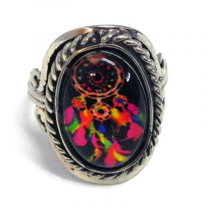Handmade small oval-shaped acrylic Southwest themed dream catcher graphic design on alpaca silver metal ring with rope edge border in black and multicolored color combination.
