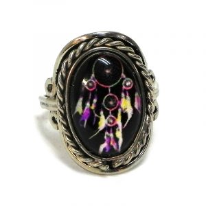 Handmade small oval-shaped acrylic Southwest themed dream catcher graphic design on alpaca silver metal ring with rope edge border in black, purple, hot pink, and light yellow color combination.