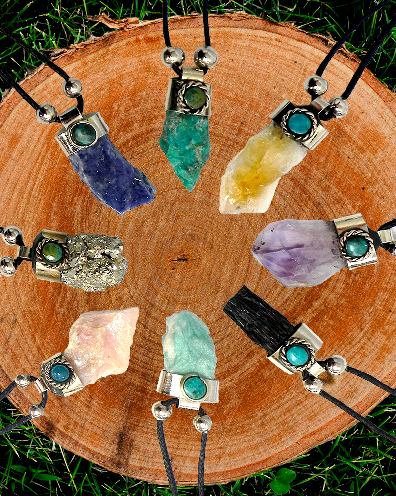 Natural rough-cut raw gemstone crystal pendant with silver metal and mini round chrysocolla stone cabochon on adjustable necklace.