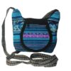SB-020100150506 Handmade small tribal purse bag with acrylic wool material, zipper closure, outer flap pocket, and strap in light blue and purple.
