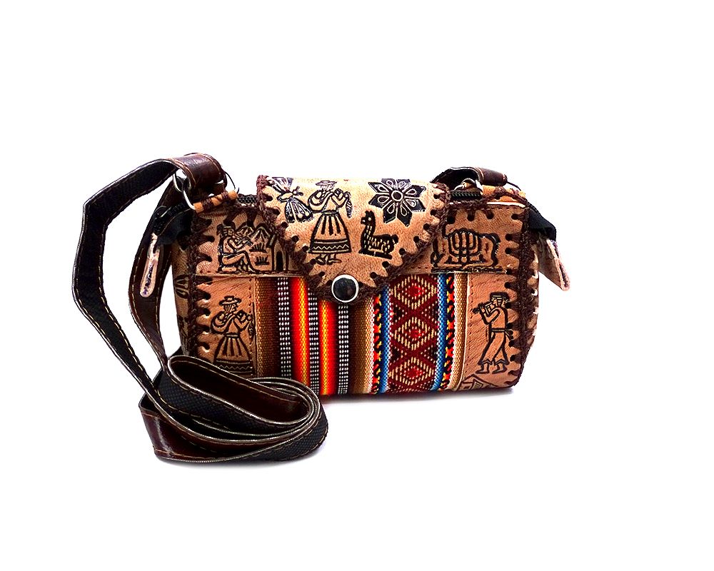 Handmade mini Peruvian purse bag with authentic leather, acrylic wool, snap button and zipper closure, and adjustable strap in multicolored and brown.