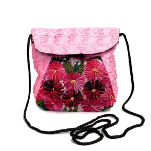 Handmade small floral purse bag with satin material, multicolored embroidered cotton, hook-and-loop-fastener and zipper closure, and strap in pink.