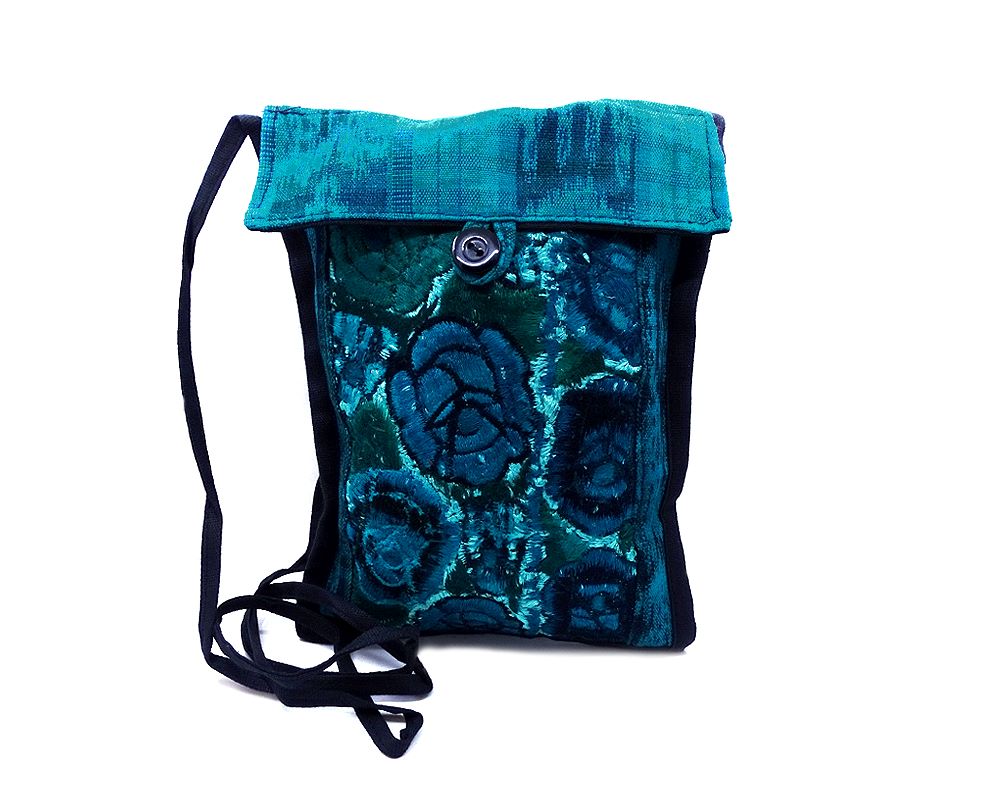SB-020501544404 Handmade small floral purse bag with embroidered cotton, plaid fabric, button closure, and strap in teal green.