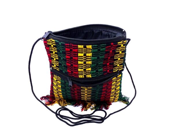 Handmade small woven cotton square purse with multicolored stripes and fringe in Rasta colors.