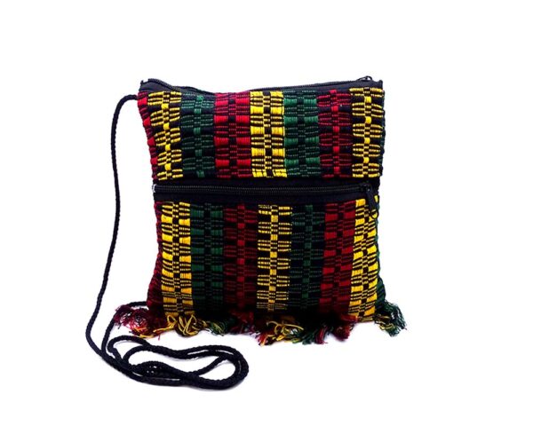 Handmade small woven cotton square purse with multicolored stripes and fringe in Rasta colors.