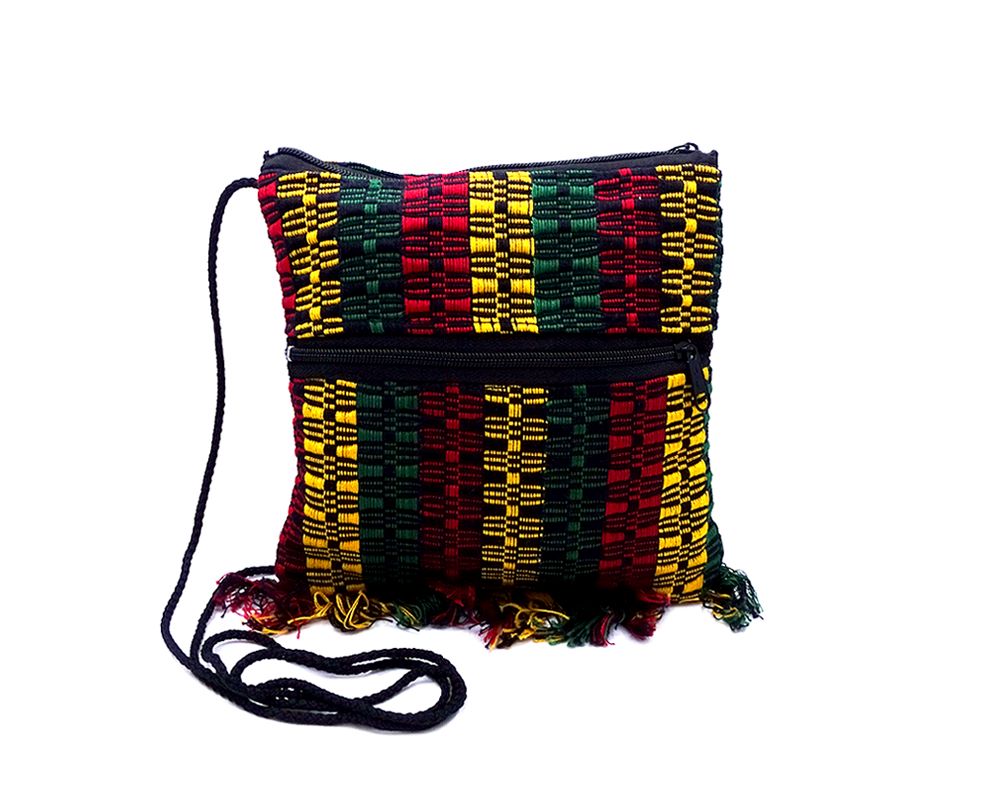 Handmade small woven cotton square purse with multicolored stripes and fringe in Rasta colors.