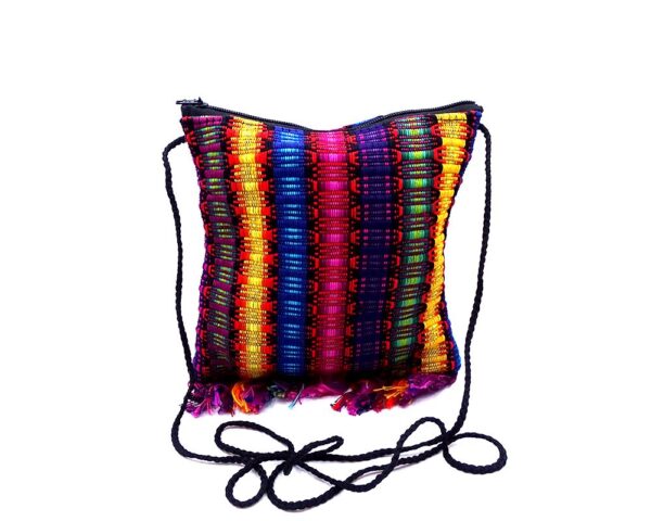 Handmade small woven cotton square purse with multicolored stripes and fringe.