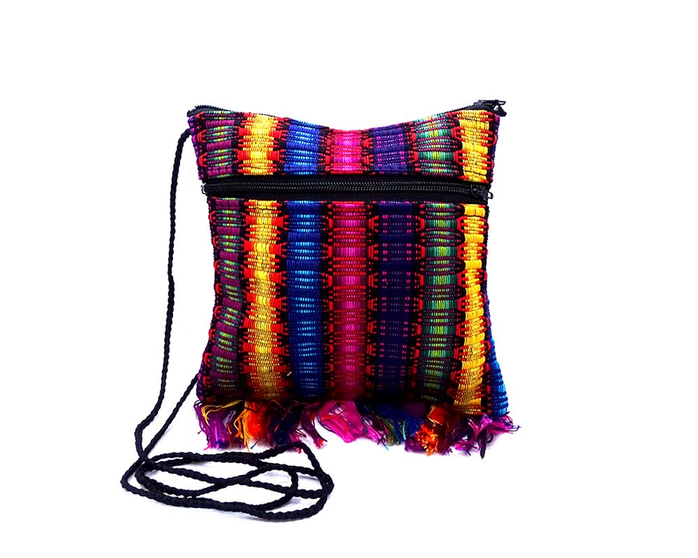 Handmade small woven cotton square purse with multicolored stripes and fringe.