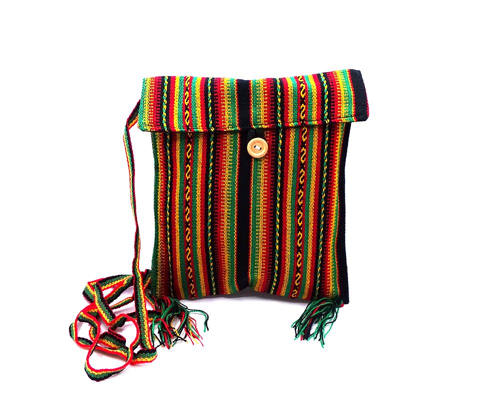 Handmade small square rasta purse bag with acrylic wool, button closure, and strap in multicolored.