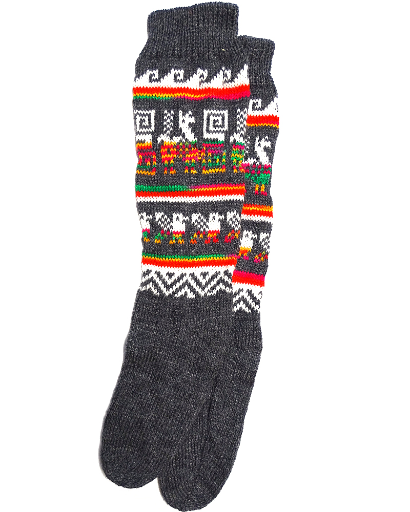 SO-010201299900 Handmade Peruvian tribal print socks with soft woven alpaca wool and tribal print pattern in charcoal gray and multicolored.