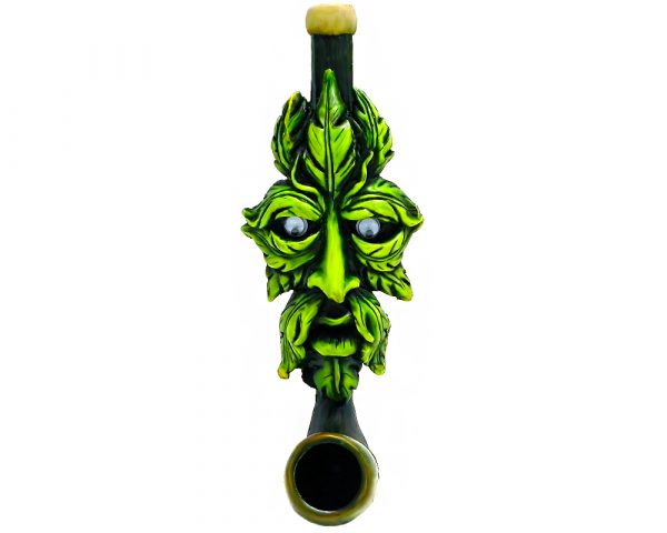 Handcrafted tobacco smoking hand pipe of a green leaf man with face in small size.