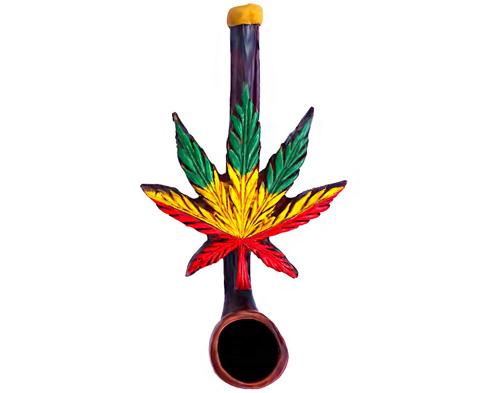 SP-020308 Handcrafted tobacco smoking hand pipe of a Rasta-colored cannabis pot leaf in small size.