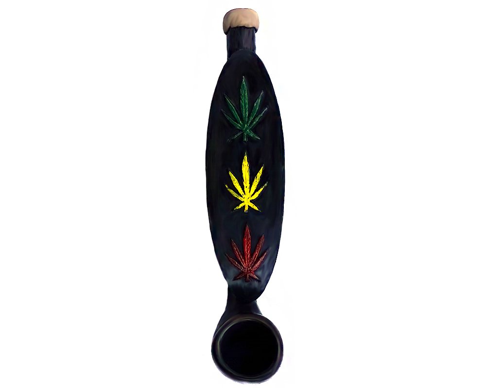 SP-020309 Handcrafted tobacco smoking hand pipe of black board with three Rasta-colored cannabis pot leaves in mini size.