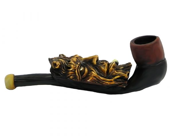 Handcrafted tobacco smoking hand pipe of a smoking brown tree man face in small size.