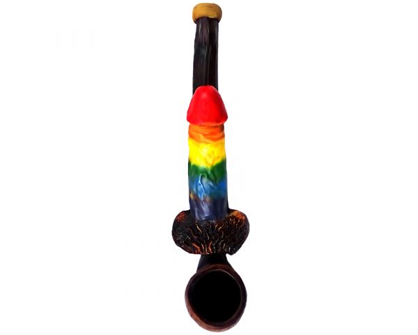 Handcrafted tobacco smoking hand pipe of a rainbow-colored penis in small size.