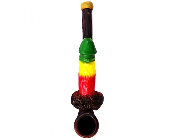 Handcrafted tobacco smoking hand pipe of a Rasta-colored penis in small size.