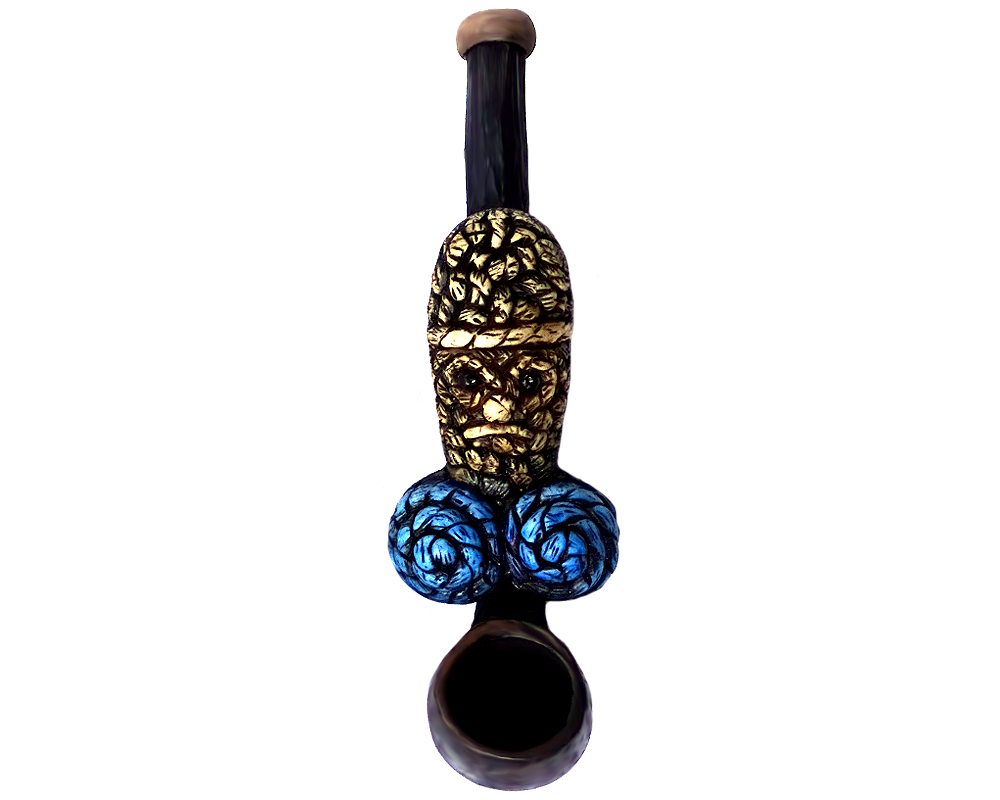 SP-070409 Handcrafted tobacco smoking hand pipe of a yarn-like penis with an angry face and blue balls in small size.