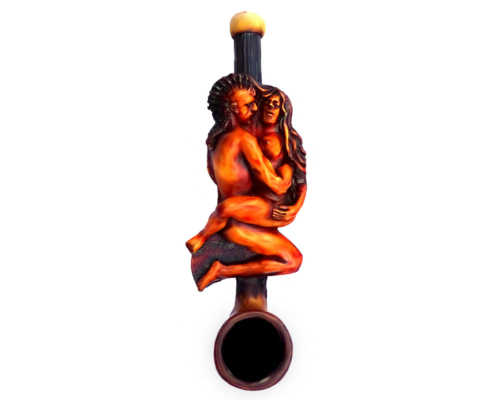 SP-070704 Handcrafted tobacco smoking hand pipe of a mohawk man and woman couple in a cowgirl sex position in small size.