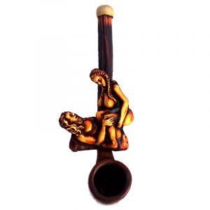 Handcrafted tobacco smoking hand pipe of a man and woman couple in an Amazon sex position in small size.
