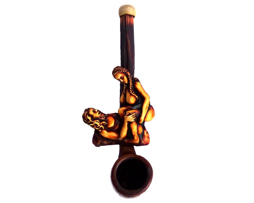 Handcrafted tobacco smoking hand pipe of a man and woman couple in an Amazon sex position in small size.