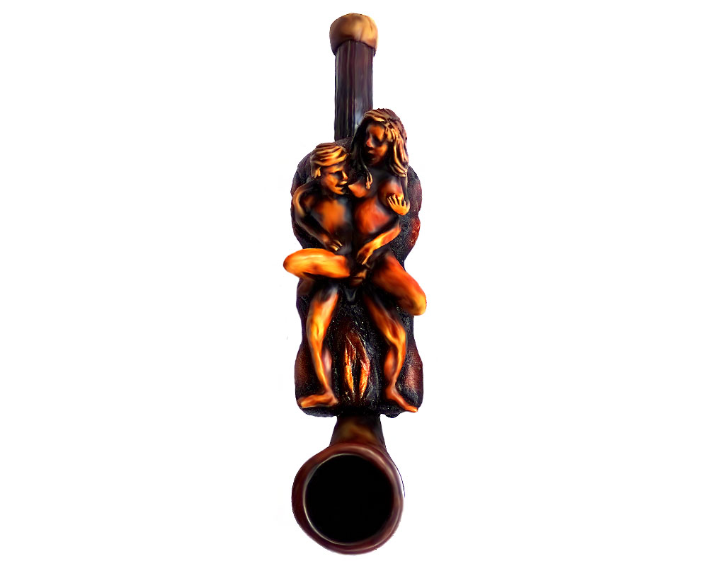 Handcrafted tobacco smoking hand pipe of a man and woman couple in reverse crab sex position in small size.