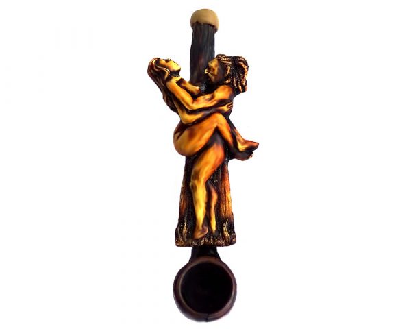 Handcrafted tobacco smoking hand pipe of a man and woman couple in riding standing sex position in small size.