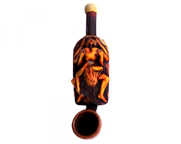 Handcrafted tobacco smoking hand pipe of a man and woman couple having oral sex in 69 position in small size.