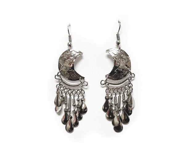 Crescent half moon-shaped alpaca silver metal earring with long dangles.