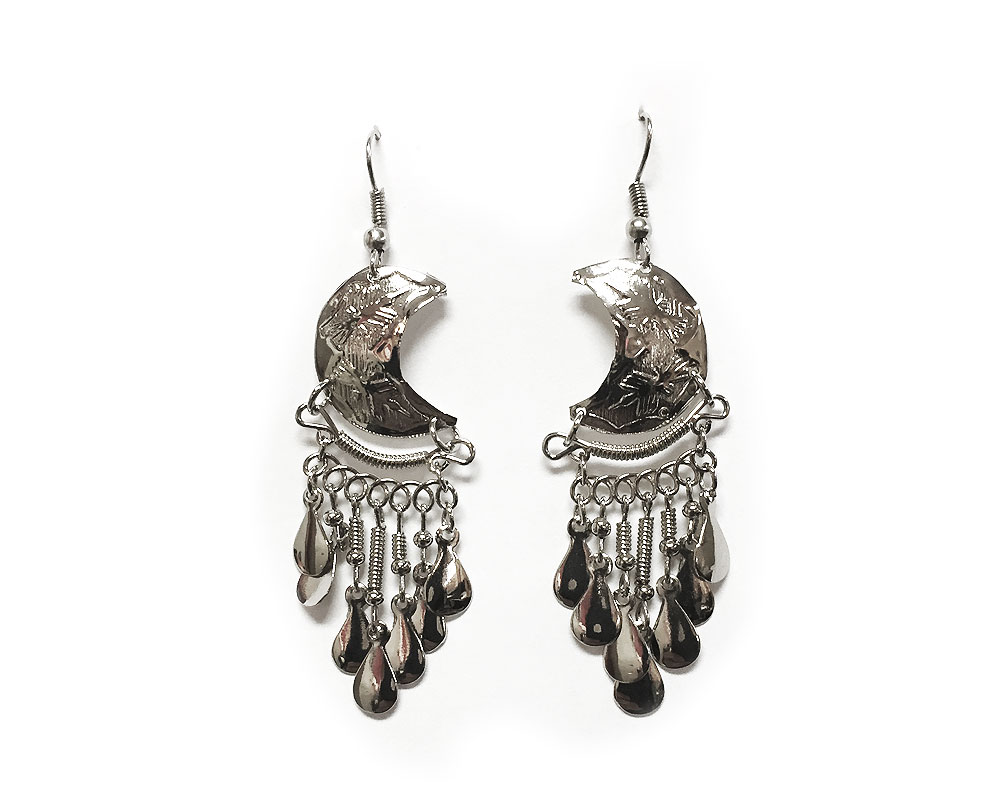 Crescent half moon-shaped alpaca silver metal earring with long dangles.