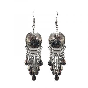 Round-shaped alpaca silver metal earring with long dangles in cannabis pot leaf style.