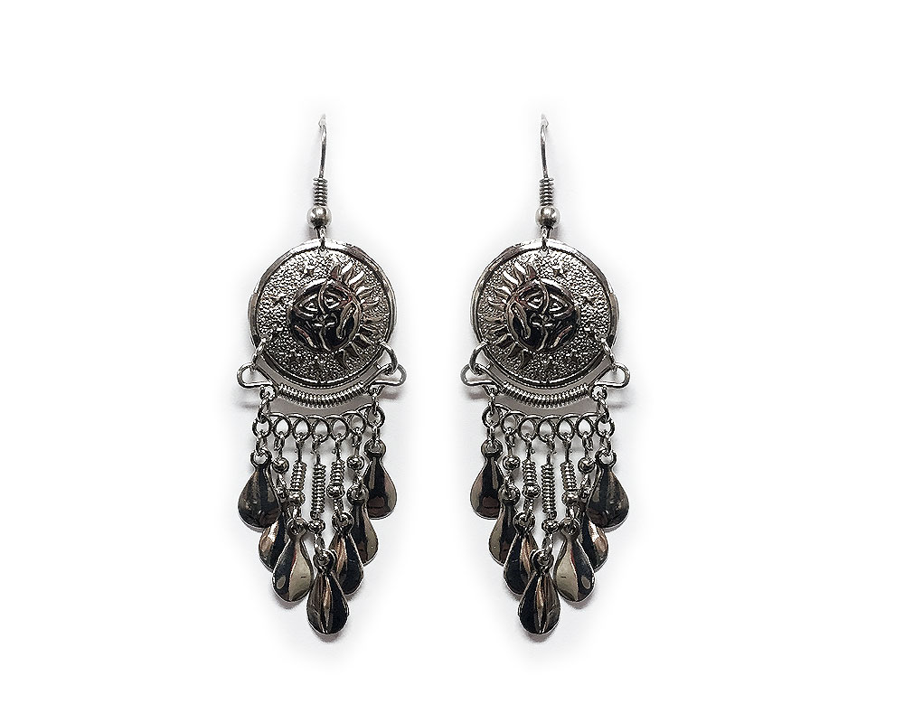 EA-070101909090 Round-shaped alpaca silver metal earring with long dangles in sun and moon style.