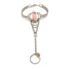 Handmade alpaca silver metal cuff harem bracelet with teardrop-cut gemstone crystal cabochon centerpiece, chain linked to mini ring in pink rose quartz.