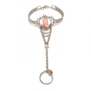 Handmade alpaca silver metal cuff harem bracelet with teardrop-cut gemstone crystal cabochon centerpiece, chain linked to mini ring in pink rose quartz.