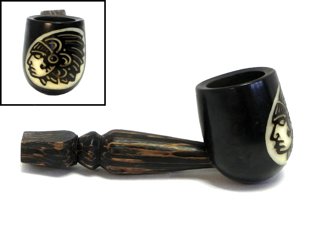 TP-010201 Handcarved tobacco smoking natural tagua nut hand pipe of a Native American Indian Chief head profile in small size.