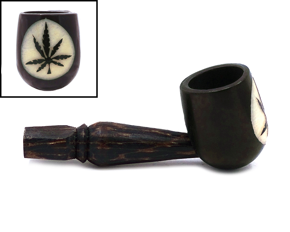 TP-020307 Handcarved tobacco smoking natural tagua nut hand pipe of a cannabis pot leaf in small size.