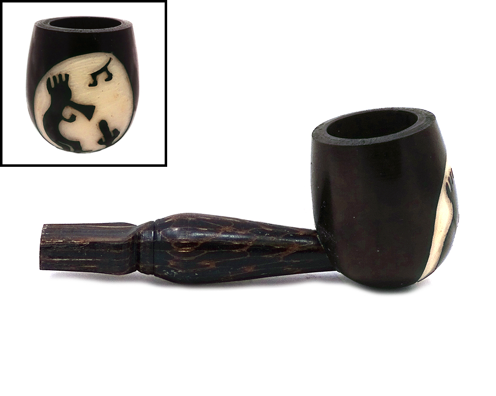TP-030801 Handcarved tobacco smoking natural tagua nut hand pipe of a kokopelli deity playing the flute in small size.