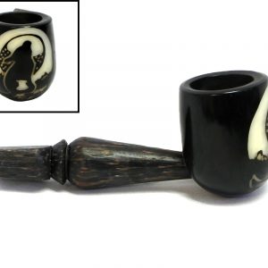 Handcarved tobacco smoking natural tagua nut hand pipe of a howling wolf under a full moon in small size.