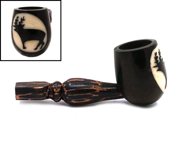 Handcarved tobacco smoking natural tagua nut hand pipe of a deer or moose silhouette in small size.
