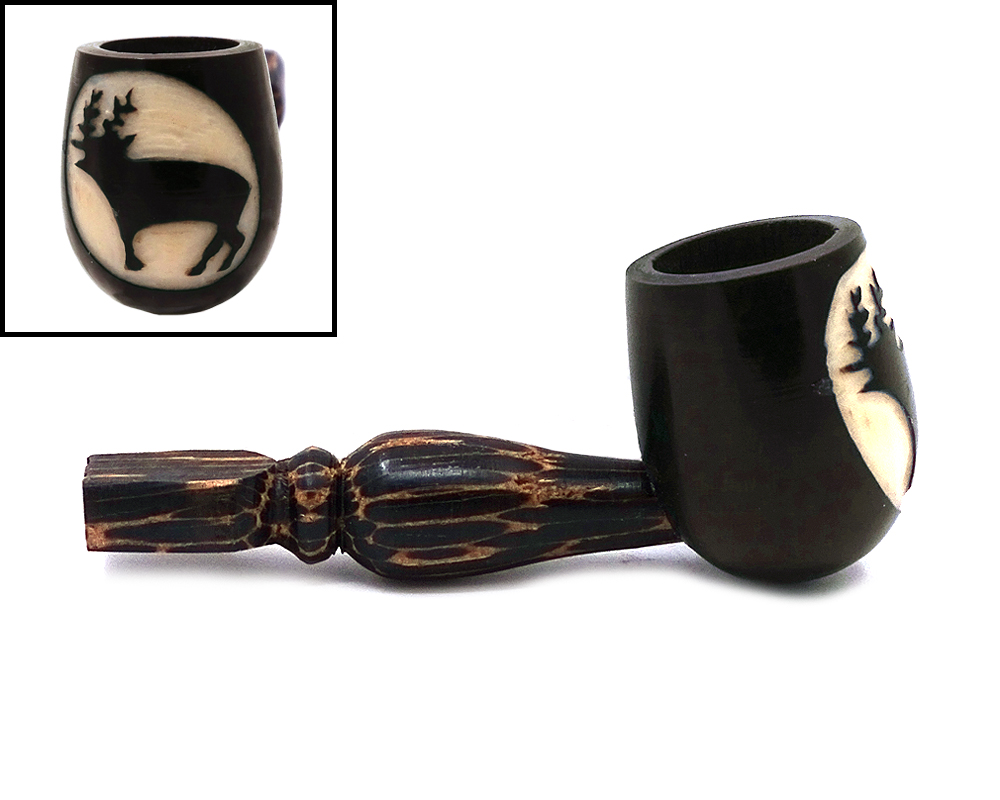 TP-061202 Handcarved tobacco smoking natural tagua nut hand pipe of a deer or moose silhouette in small size.