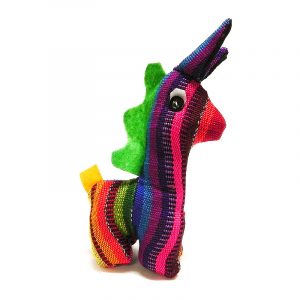 Handmade mini multicolored striped cotton stuffed animal tall donkey toy.