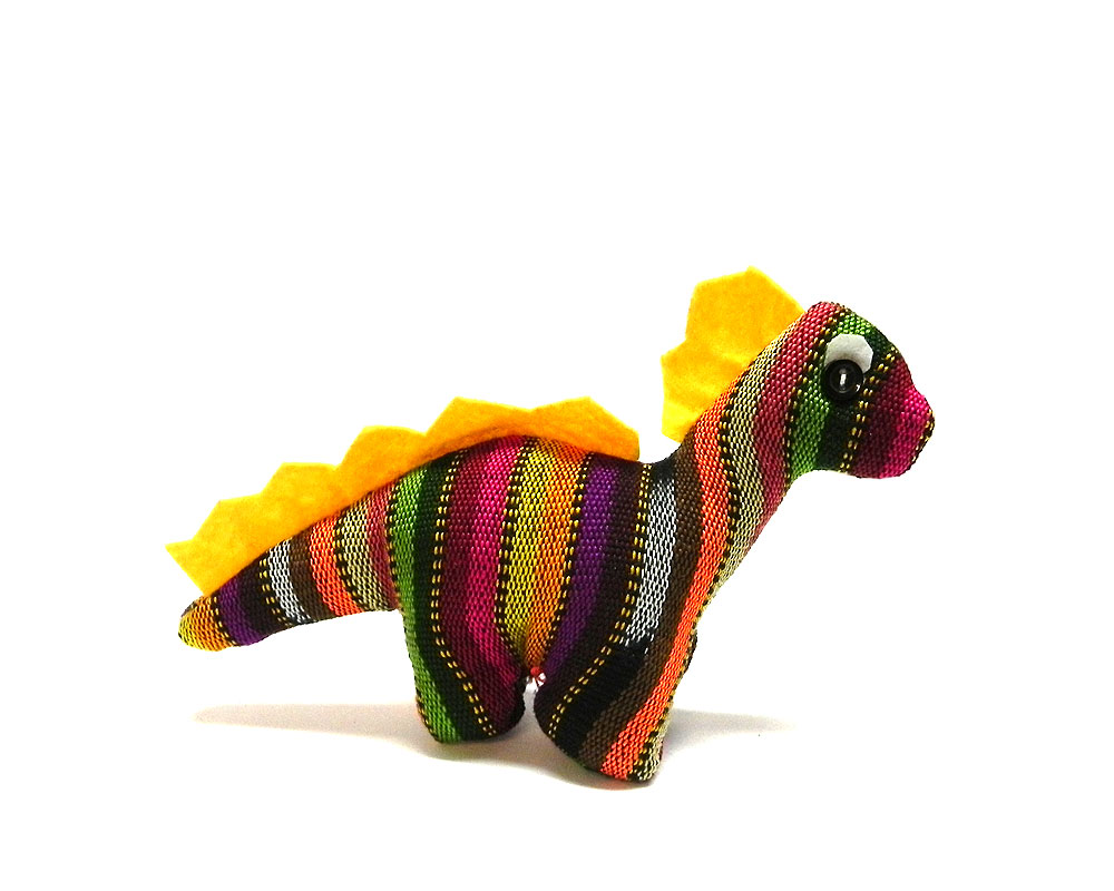 Handmade mini multicolored striped cotton stuffed animal dinosaur toy.