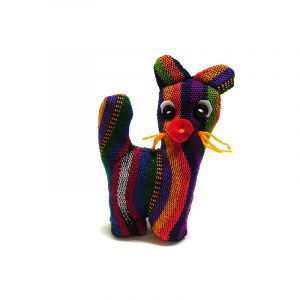 Handmade mini multicolored striped cotton stuffed animal cat toy.