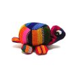 Handmade mini multicolored striped cotton stuffed animal turtle toy.