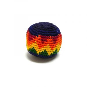 Handmade single multicolored hacky ball with geometric zig zag pattern design in rainbow colors.