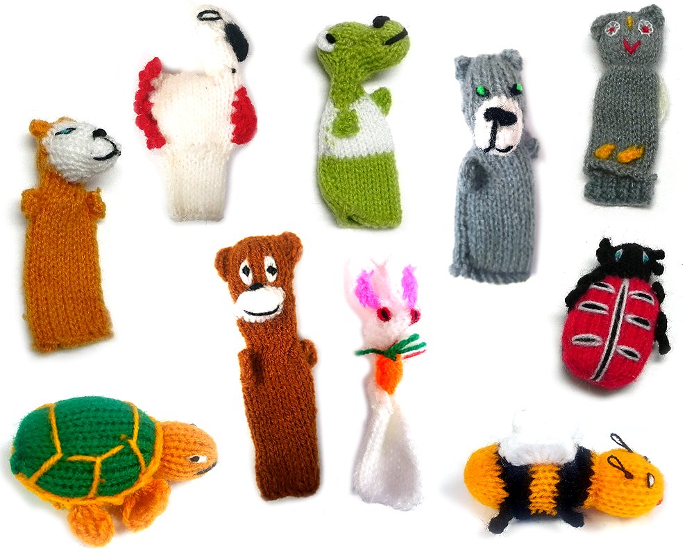 Handmade assorted set of a dozen (12) forest animal themed alpaca wool finger puppets.