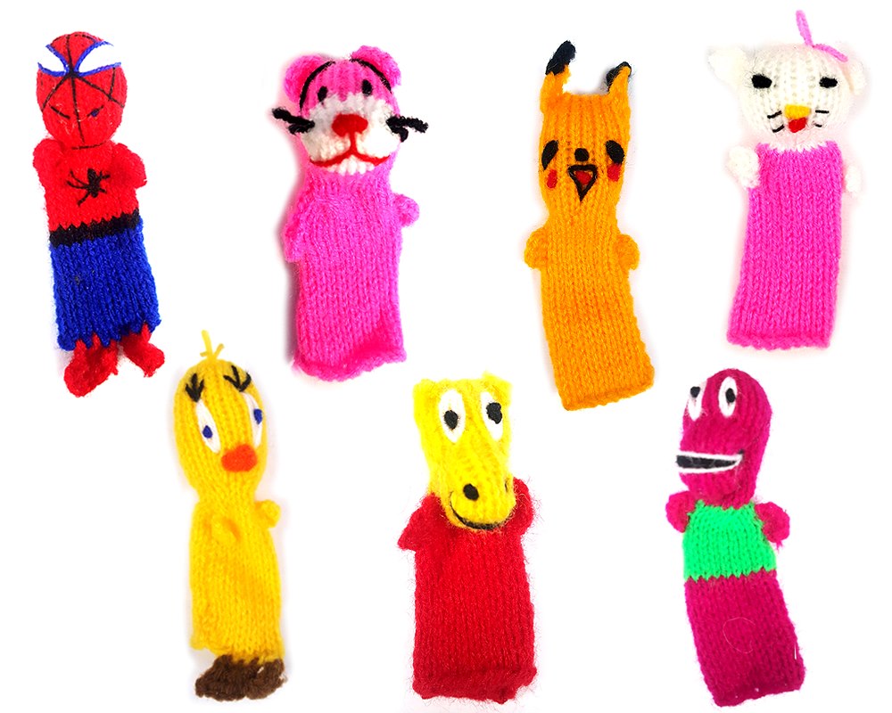 TY-040600999999 Handmade assorted set of a dozen (12) character themed alpaca wool finger puppets.