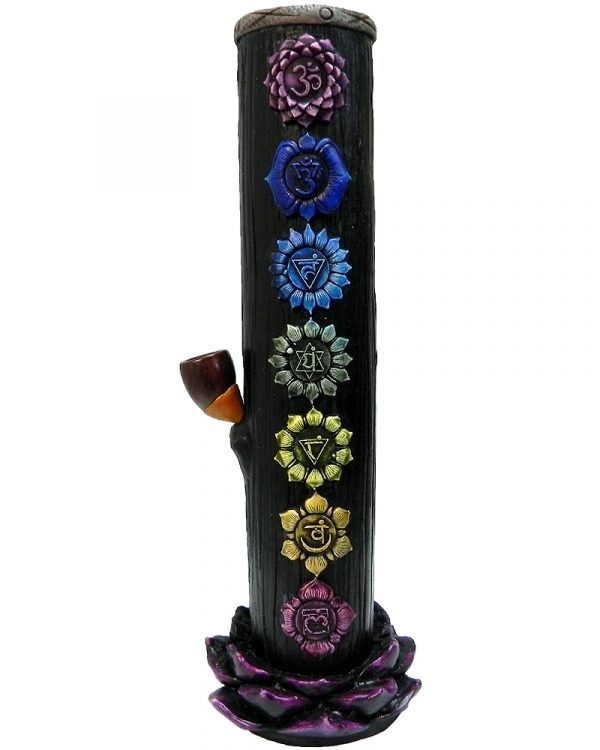 Handcrafted tobacco smoking water pipe of seven chakra aligned symbols with purple lotus flower base.